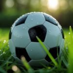 Ảnh cận cảnh quả bóng đá trên cỏ đọng sương minh họa trận giao hữu Jeju FC vs Bayern Munich